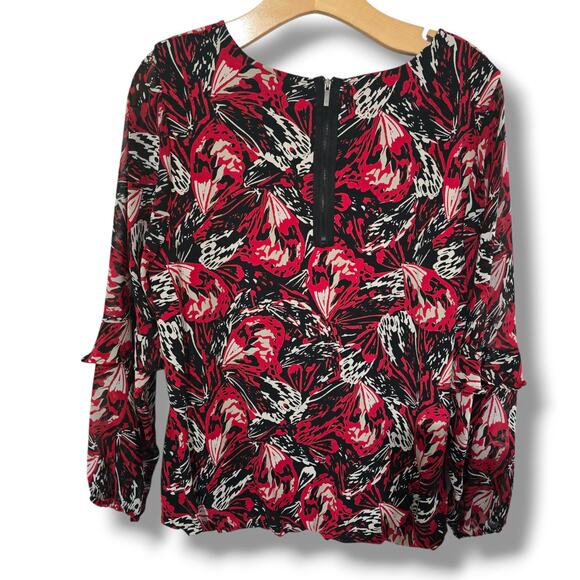 Alfani Women’s Red Black Abstract Print Long Sleeve Ruffle Blouse – Size Large - Picture 3 of 8